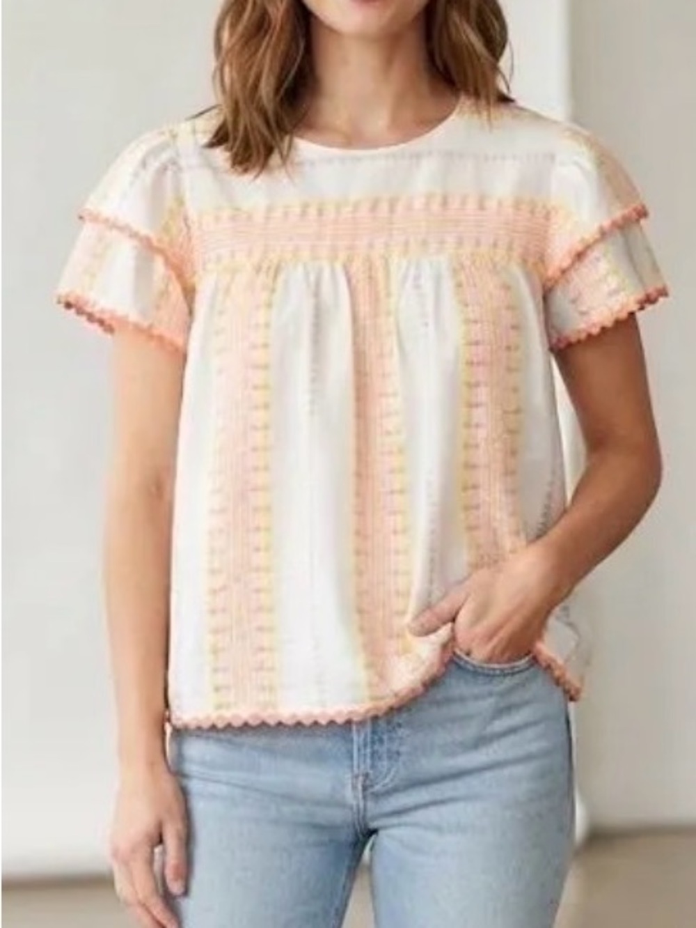 Women’s Cream Embroidered Short Sleeve Blouse - Lightweight Summer Top